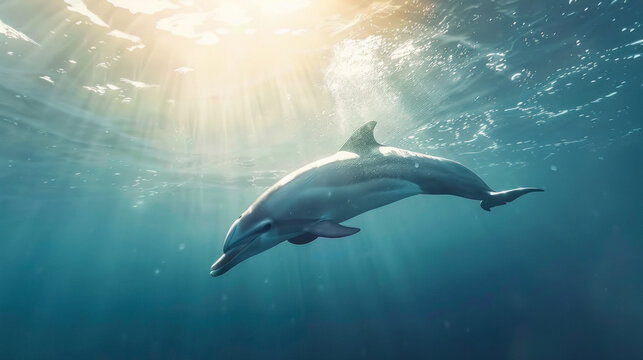 Closeup of a dolphin swimming underwater, sun is shining through the surface