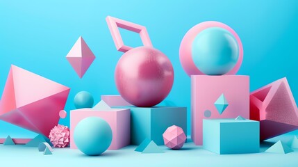 3D rendering of geometric shapes. Pink and blue spheres, cubes, and other shapes on a blue background.