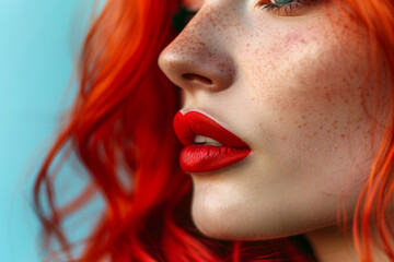Closeup of a face of a woman with red hair and lipstick on her lips
