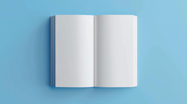 An open book with blank pages on a blue background. The book is in the center of the image and is surrounded by negative space.