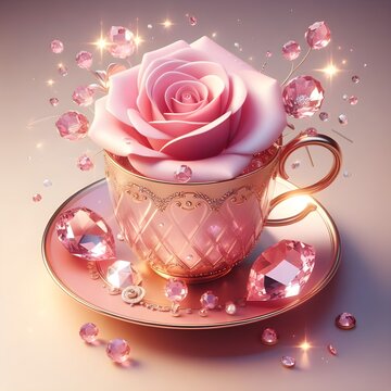 Cup with pink rose with diamonds, 3D illustration.
