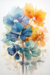 Watercolor painting leaves flowing paint stains on white background