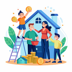 Illustrate a family happily renovating their home with funds from a personal loan.