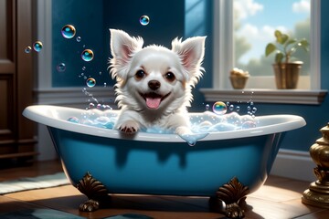 dog washes itself in the bathroom, happy