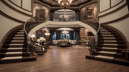 Grand dual staircase curving up two-story open concept foyer with hardwood floors and elaborate iron railings. - obrazy, fototapety, plakaty
