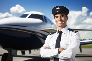 A smiling young pilot stands by a small private plane on the runway, showcasing aviation enthusiasm and readiness for flight. - obrazy, fototapety, plakaty