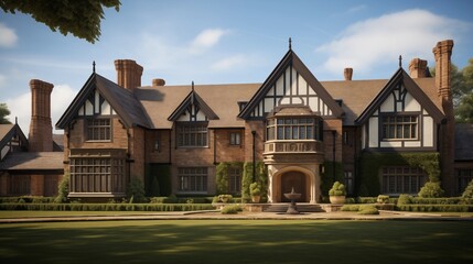 Fototapeta na wymiar Grand English manor home with elaborate brickwork leaded glass windows and slate roof details.