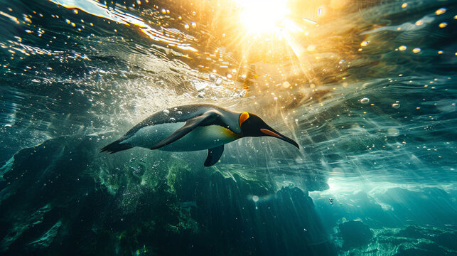 Closeup of a king penguin diving underwater, sun is shining through the water surface