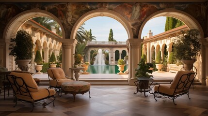 Grand European villa formal loggia with arched openings frescoed arched ceilings Venetian plaster walls and marble fountain. - obrazy, fototapety, plakaty