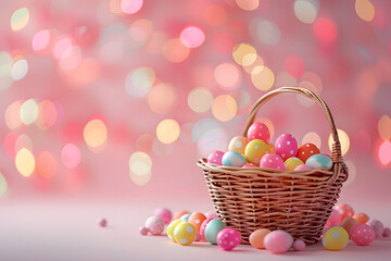 Fototapeta na wymiar Colorful Easter Eggs in Wicker Basket on Vibrant Pink Background