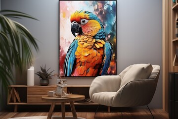 Watercolor in modern room macaw frame on the wall