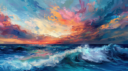 Colorful sky and ocean wave abstract background. Oil painting style