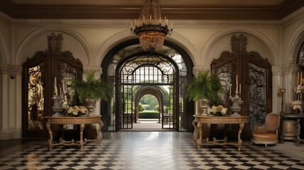 Grand French Renaissance chateau entry with domed painted ceilings vintage console tables and iron ornamentation.