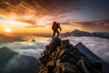 Fotobehang An alpinist stands on a rocky peak with the sun rising behind. A breathtaking scene of mountain conquest and dawn's arrival. © Klemenso