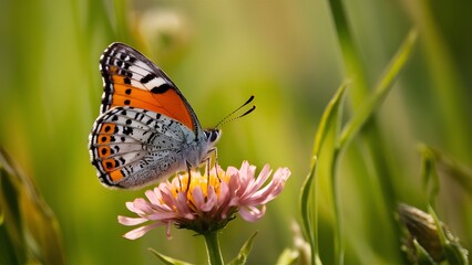 Fototapeta premium Beautiful closeup of meadow butterfly in abstract nature background