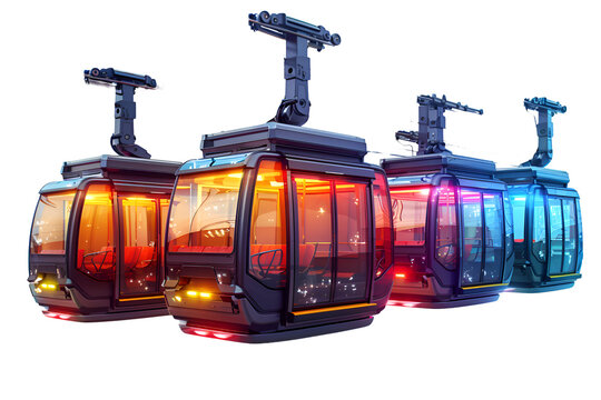 A charming 3D cartoon rendition of a whimsical aerial tramway with transparent cabins.