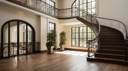 Obraz premium Grand park view two-story staircase with intricate custom iron railing herringbone wood floors and arched window.