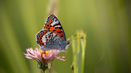Fototapeta premium Beautiful closeup of meadow butterfly in abstract nature background