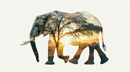 Double exposure effect of a walking elephant with a bamboo forest isolated on a white background
