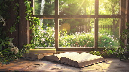 An open book is placed on a wooden table next to a beautiful garden view as a background with a relaxed ambience. Background for relaxation, vacation and rest time. - obrazy, fototapety, plakaty