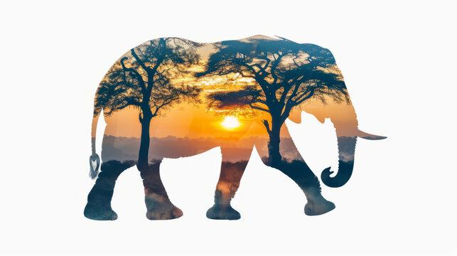 Double exposure effect of a walking elephant with a bamboo forest isolated on a white background