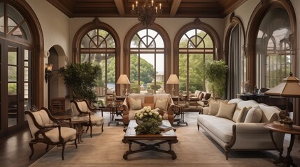 Grand salon living area with vaulted carved wood ceilings French doors to garden and curated antique furnishings.