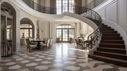 Grand two-story chateau-style foyer with curved staircase detailed iron railings and herringbone floors.