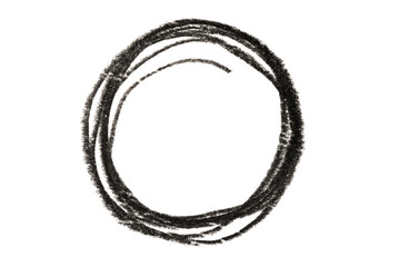 A circle drawn in black pencil isolated on transparent background.