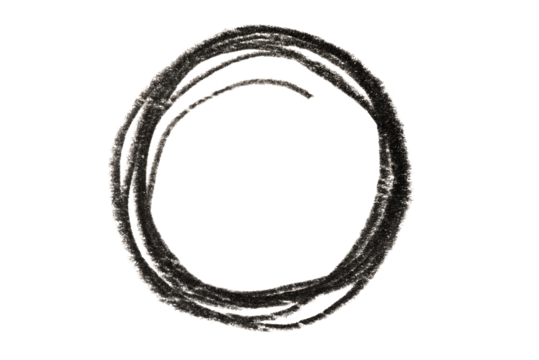A circle drawn in black pencil isolated on transparent background.