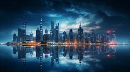 A panoramic view of a city skyline at night, with illuminated skyscrapers symbolizing the global...