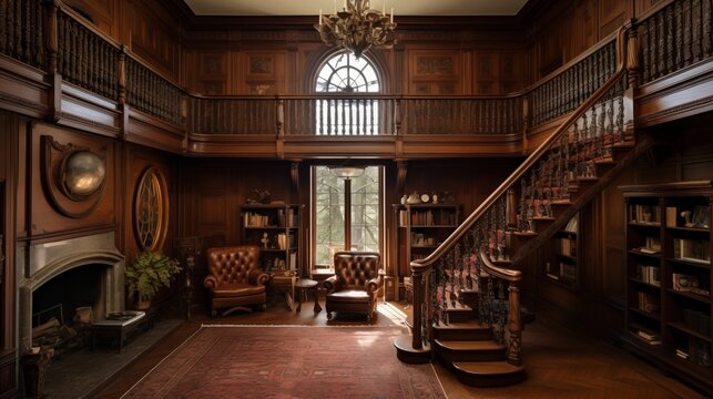 Grand two-story colonial estate library with ornate millwork balcony overlook intricately carved fireplace and ladder access.