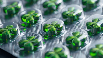 Green four leaf clover shaped pills in blister pack