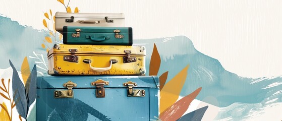 The modern travel concept features vintage suitcases in trendy colors stacked in a flat style