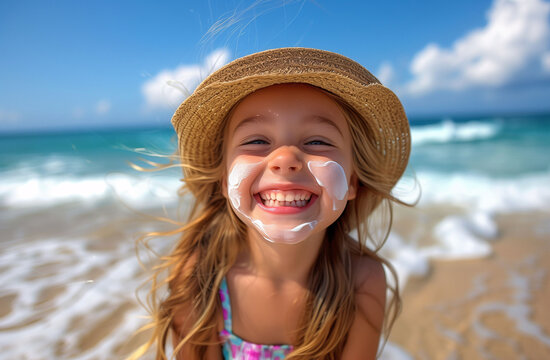 A nice little girl in a straw hat, smiling with her face smeared with sunscreen on the beach. Children, sun protection and beach concept.