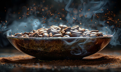 Close-up of a coffee beans in wooden plate
surrounded by a dynamic roast effect against a dark...