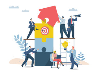 Growth of company or organization, Effective teamwork, Business people working together to complete jigsaw puzzle with unity, Team building and business concept. Vector design illustration.