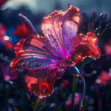 This image showcases a lily flower glowing in neon pink hues under a mystic light, highlighting the intricate details of its petals and stamen