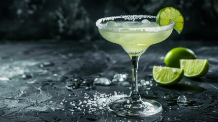 A Margarita cocktail presented against a dark stone backdrop, showcasing a glass of the alcoholic beverage.