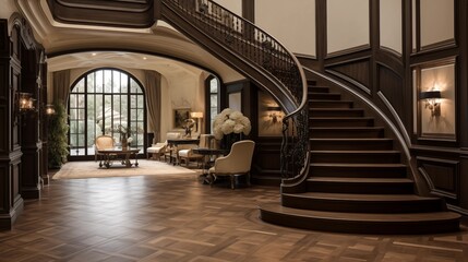 Grand two-story French chateau entry hall with herringbone parquet floors wrought iron railings and dramatic curved staircase. - obrazy, fototapety, plakaty