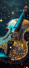 An artistically rendered violin surrounded by golden sparkles in an enchanting atmosphere, evoking the magic of music
