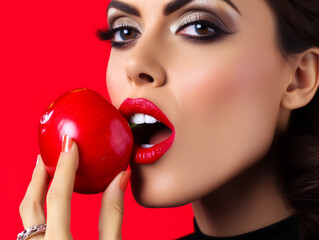 close up of Sexy woman red lips taking a bite from a banana isolated on red background 