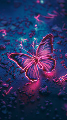 Fototapeta na wymiar A digital art image of a glowing neon butterfly on a dark backdrop with neon lights highlighting its delicate features