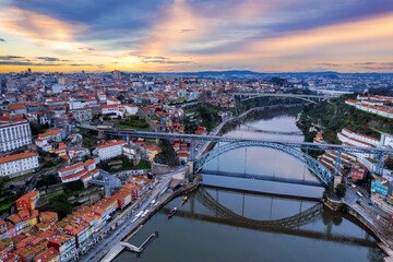 Porto, Portugal, the Douro River, and Dom Luis Bridge during a beautiful sunrise