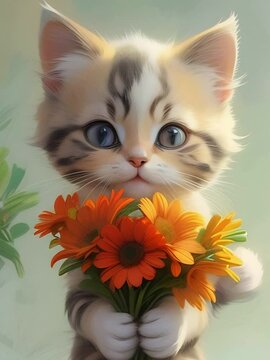 Cat with a bouquet of flowers. Close-up of a 3D cartoon kitten. Congratulations on Mother's Day, birthday and other holidays. Animated postcard
