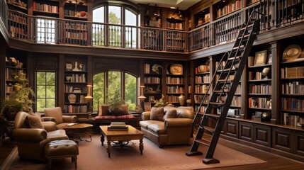 Grand two-story library with rolling ladders and floor-to-ceiling shelves.