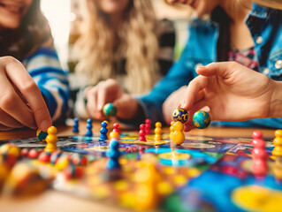 Close-up of a group of friends playing board games at home 