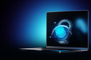 Laptop, shield and lock with fingerprint hologram, fingerprint scanner. Data protection, cyber...