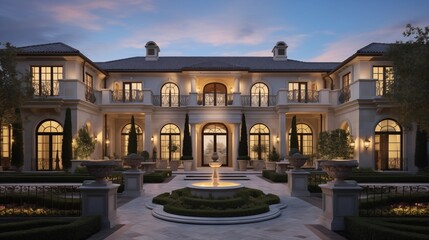 Grand two-story Mediterranean loggia with domed brick ceilings stone columns central fountain and lavish outdoor living rooms. - obrazy, fototapety, plakaty