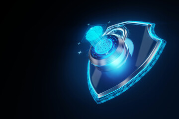 Shield and lock with fingerprint hologram, fingerprint scanner. Concept data protection, cyber security, information protection, data confidentiality, biometric password. 3D render, 3D illustration.