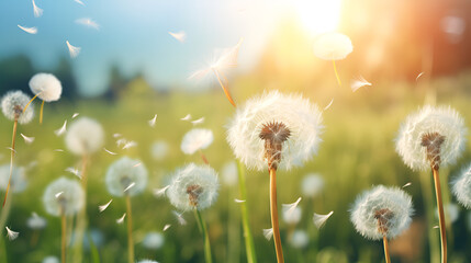 A dandelion blowing in the wind in a field
